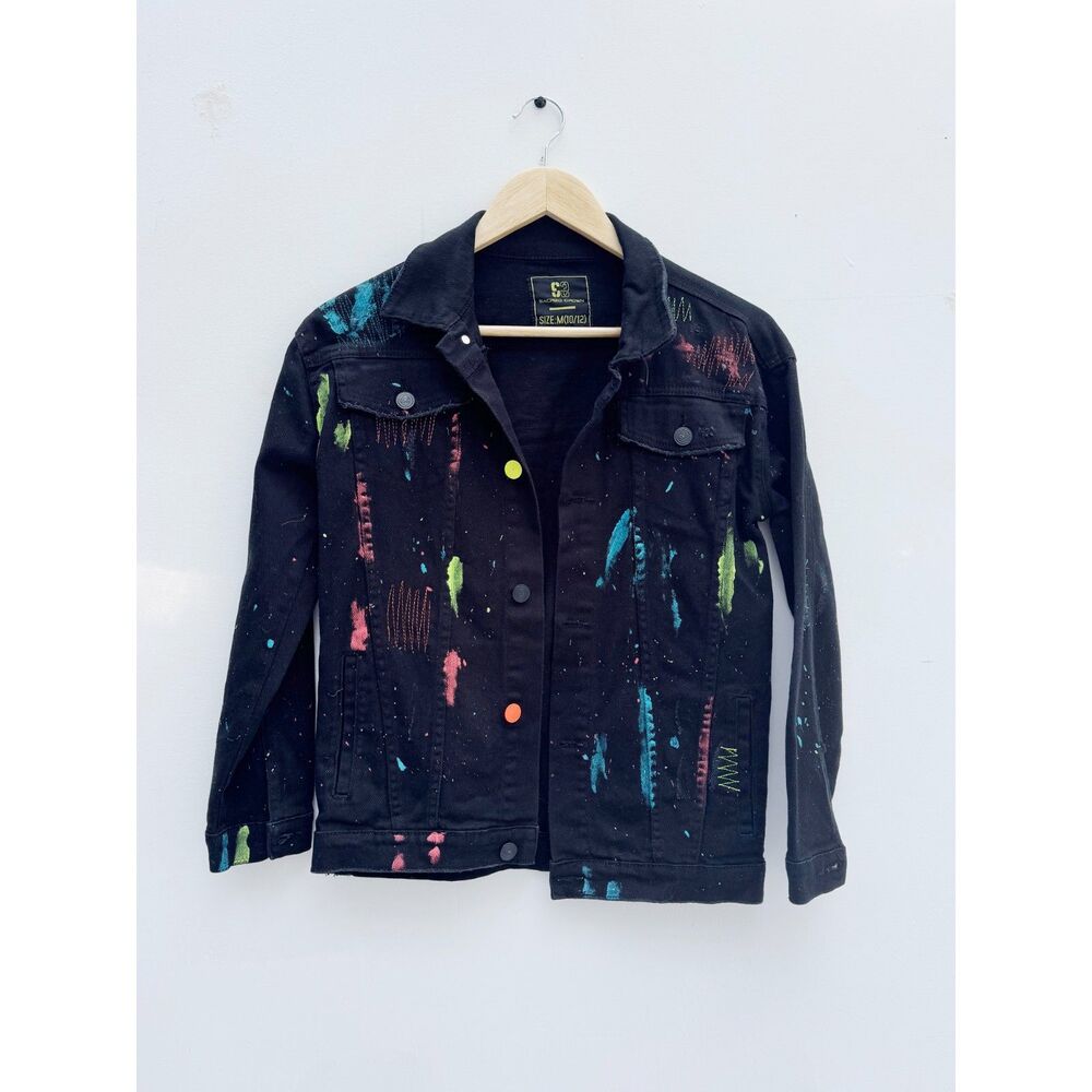 Sacred Crown Paint Splatter Black Denim Trucker Jacket Youth Medium 10/12
